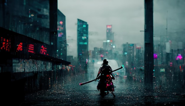 Samurai on the background of the night neon city rain dark\
rainy streets neon lights in the dark samurai silhouette dark city\
streets smoke smog blurred background 3d illustration