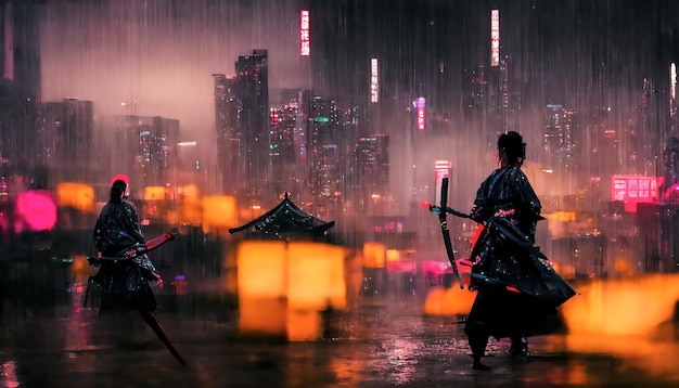 Samurai on the background of the night neon city rain dark\
rainy streets neon lights in the dark samurai silhouette dark city\
streets smoke smog blurred background 3d illustration