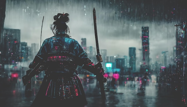 Samurai on the background of the night neon city rain dark\
rainy streets neon lights in the dark samurai silhouette dark city\
streets smoke smog blurred background 3d illustration