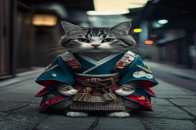 Samurai Cat Een kat in traditionele Japanse kleding