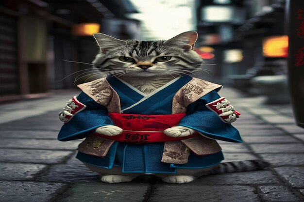 日本 の 伝統 的 な 衣装 を 着た サムライ 猫
