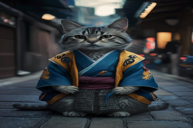 Samurai Cat A Feline in Traditional Japanese Garb