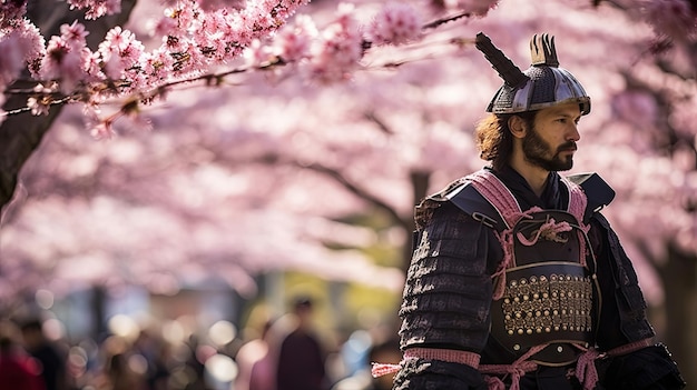 サムライの桜祭り 伝統を祝う 孤独な男 ピンクの花びらの背景に 日本の美学 シルエット プレート 装甲 コスプレ 衣装