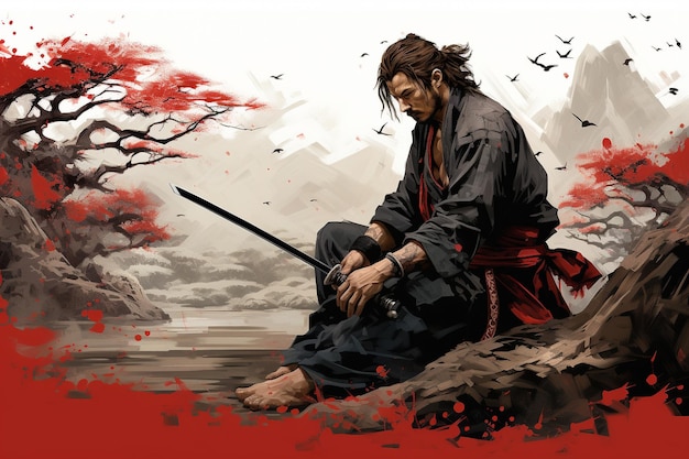 A samurai crouching with his sword drawn