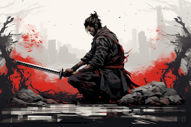 A samurai crouching with his sword drawn