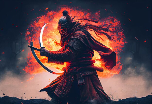 A samurai in a demonic red mask on the battlefield generate ai