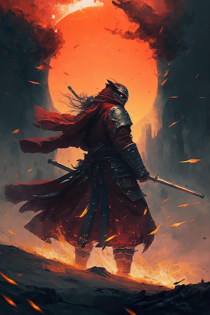 Самурай в демонической красной маске на поле боя делает качели с катаной, создавая кольцо шипящего огня вокруг него, он представляет собой мистическую боевую иллюстрацию, рисующую ИИ