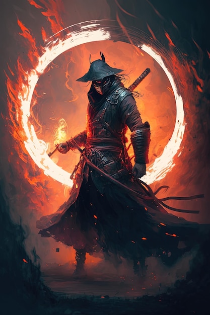 Самурай в демонической красной маске на поле боя делает качели с катаной, создавая кольцо шипящего огня вокруг него, он представляет собой мистическую боевую иллюстрацию, рисующую ИИ