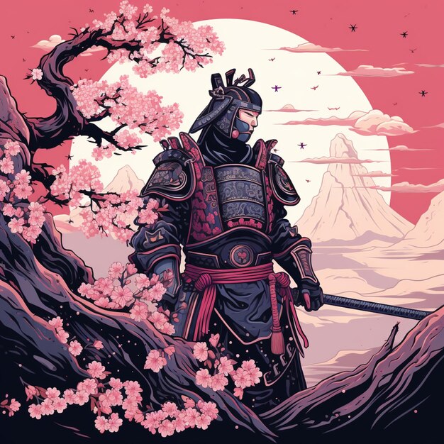 Samurai die voor een boom staat met een zwaard in zijn hand generatieve ai