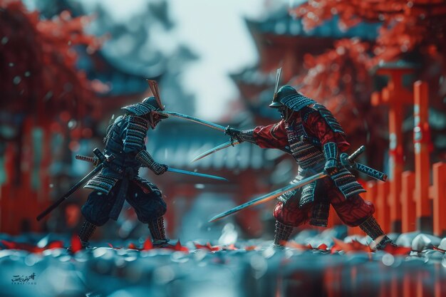 写真 さまざまな背景の戦士と武士の対決