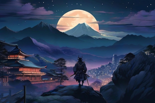 Samurai era a japanese landscape in moonlight