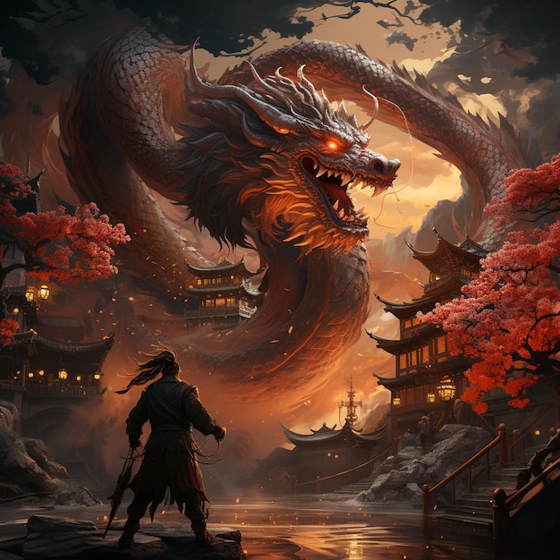 Samurai Fighting Dragon using bazooka in yew yor city fantasy hyper realialistic