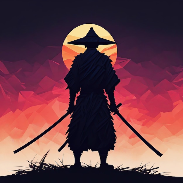 A samurai in the forest with a full moon in the night