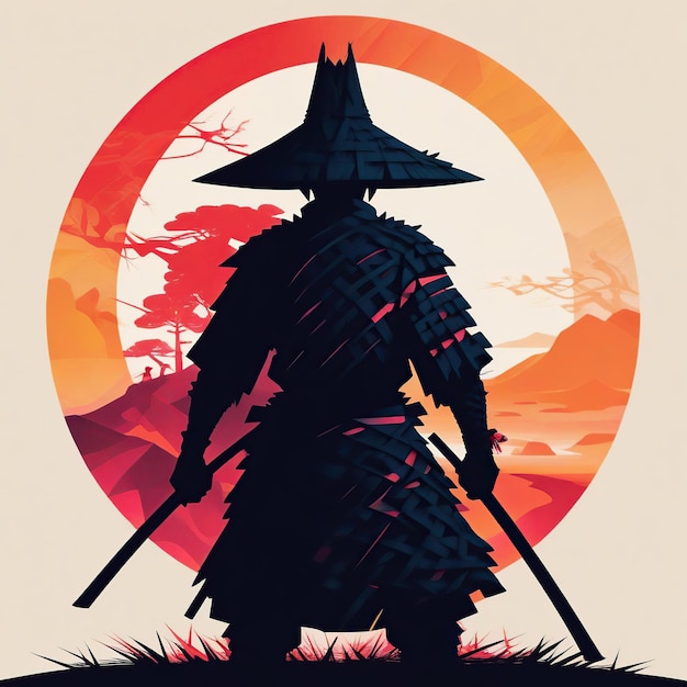 A samurai in the forest with a full moon in the night