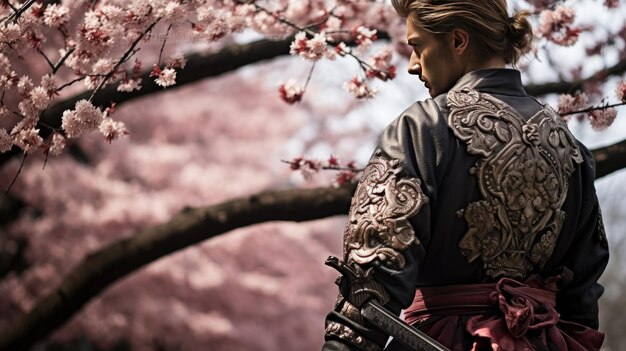 Foto un samurai del periodo sengoku sta sotto un ciliegio