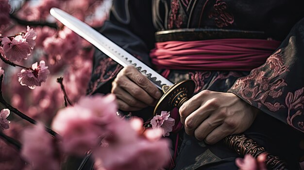 A samurai from the Sengoku period stands under a cherry tree