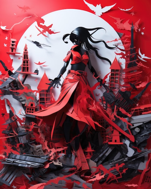 samurai girl with red outfit with mysterious aura like an assassin