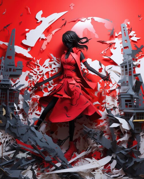 samurai girl with red outfit with mysterious aura like an assassin