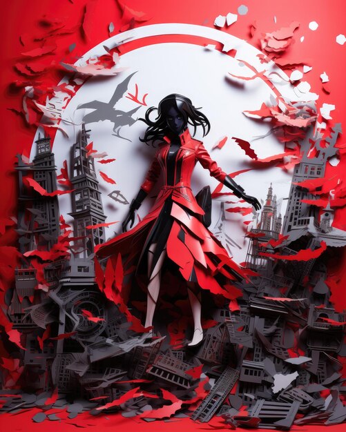 samurai girl with red outfit with mysterious aura like an assassin