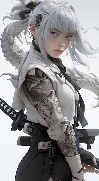 Anime girl, white hair, samurai