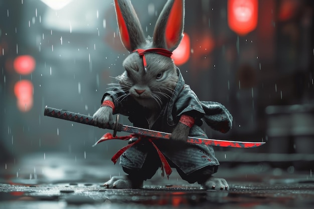 Photo the samurai hare is in the city in the evening 3d illustration