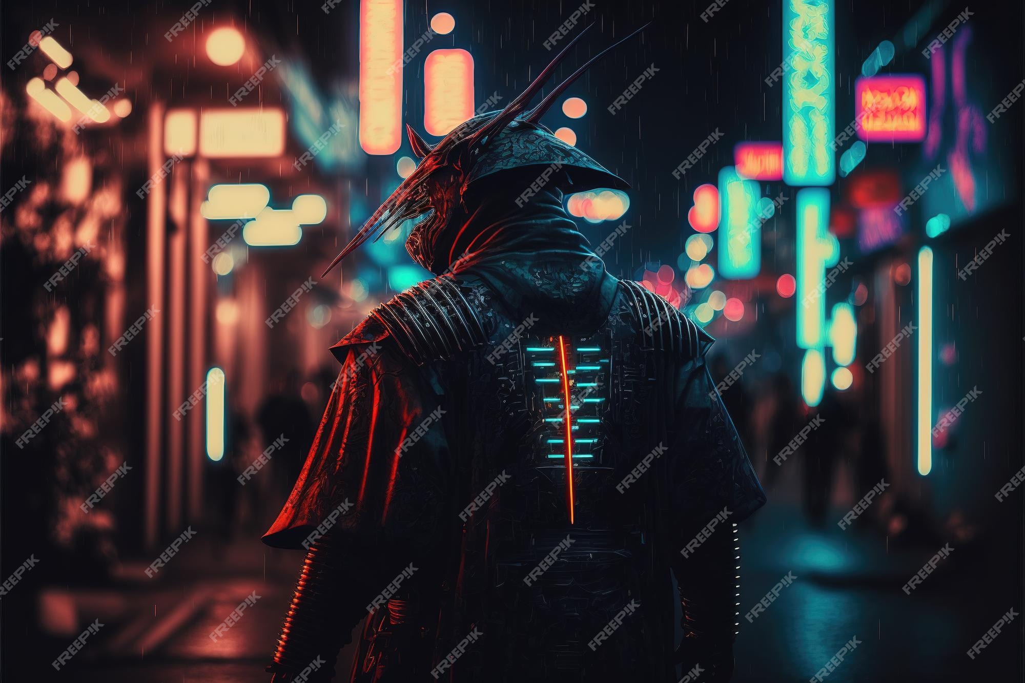 CyberNeon Samurai, city, cyber, cyberpunk, cyberpunk 2077