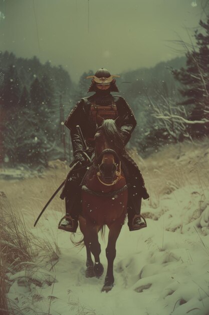 Photo samurai on horseback soft winter tones