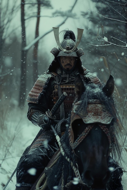 Photo samurai on horseback soft winter tones