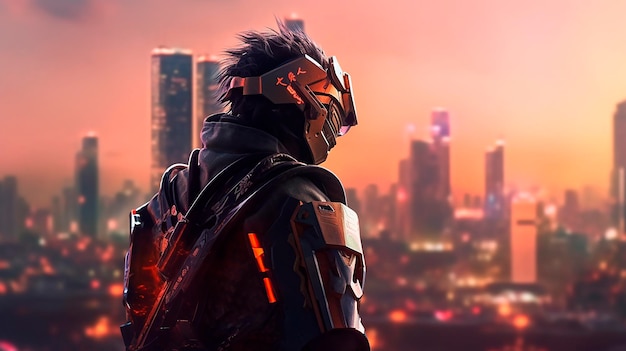 A samurai in a mask looks out over a cityscape