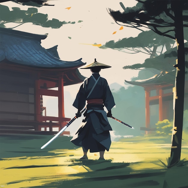 Samurai Met Een Zwaard In Hand Vector Illustratie Acryl Schilderij Trending Op Pixiv Fanbox Palet