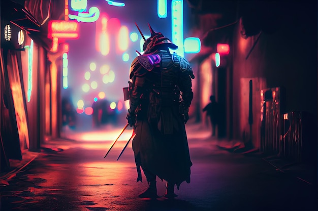 Samurai in night city neon lights on background