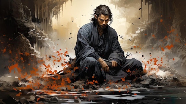 Samurai sitting in a cave lost in thoughts