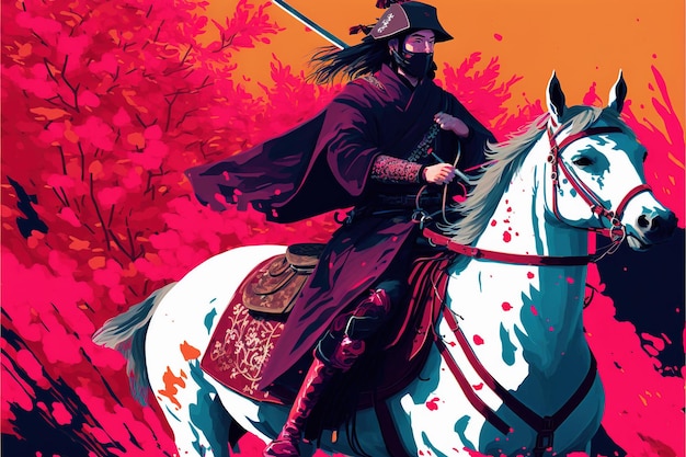 Samurai soldaat op het paard in het bos Samurai op een paard in de herfst bos Digitale kunst stijl illustratie schilderij