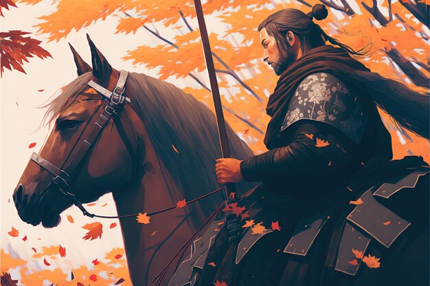 Photo samurai soldier on the horse in the forest samurai riding a horse in the autumn forest digital art style illustration painting