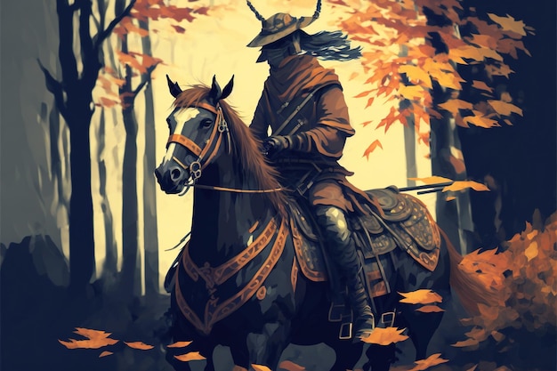 Samurai soldier on the horse in the forest Samurai riding a horse in the autumn forest Digital art style illustration painting