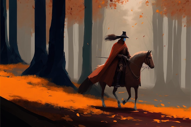 Samurai soldier on the horse in the forest Samurai riding a horse in the autumn forest Digital art style illustration painting