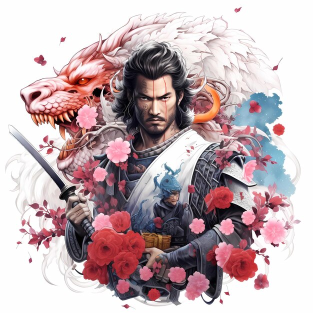 A samurai standing amidst blooming flowers with a dragon encircling them
