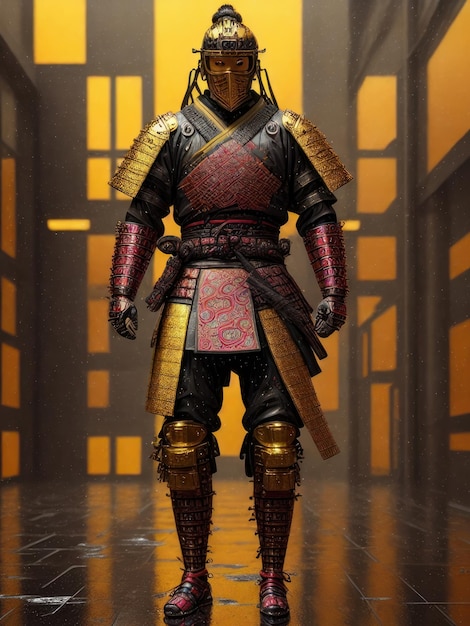 A samurai standing in a dark room with a red and gold helmet and a red helmet.