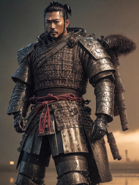 A samurai standing in front of a stone wall.