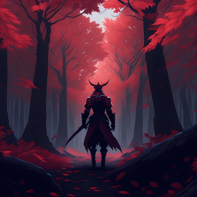 A samurai standing in the middle of a forest