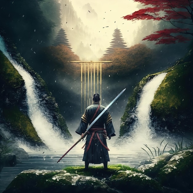 Samurai standing near a waterfall digital art style illustrated 3d rendering. raster illustration