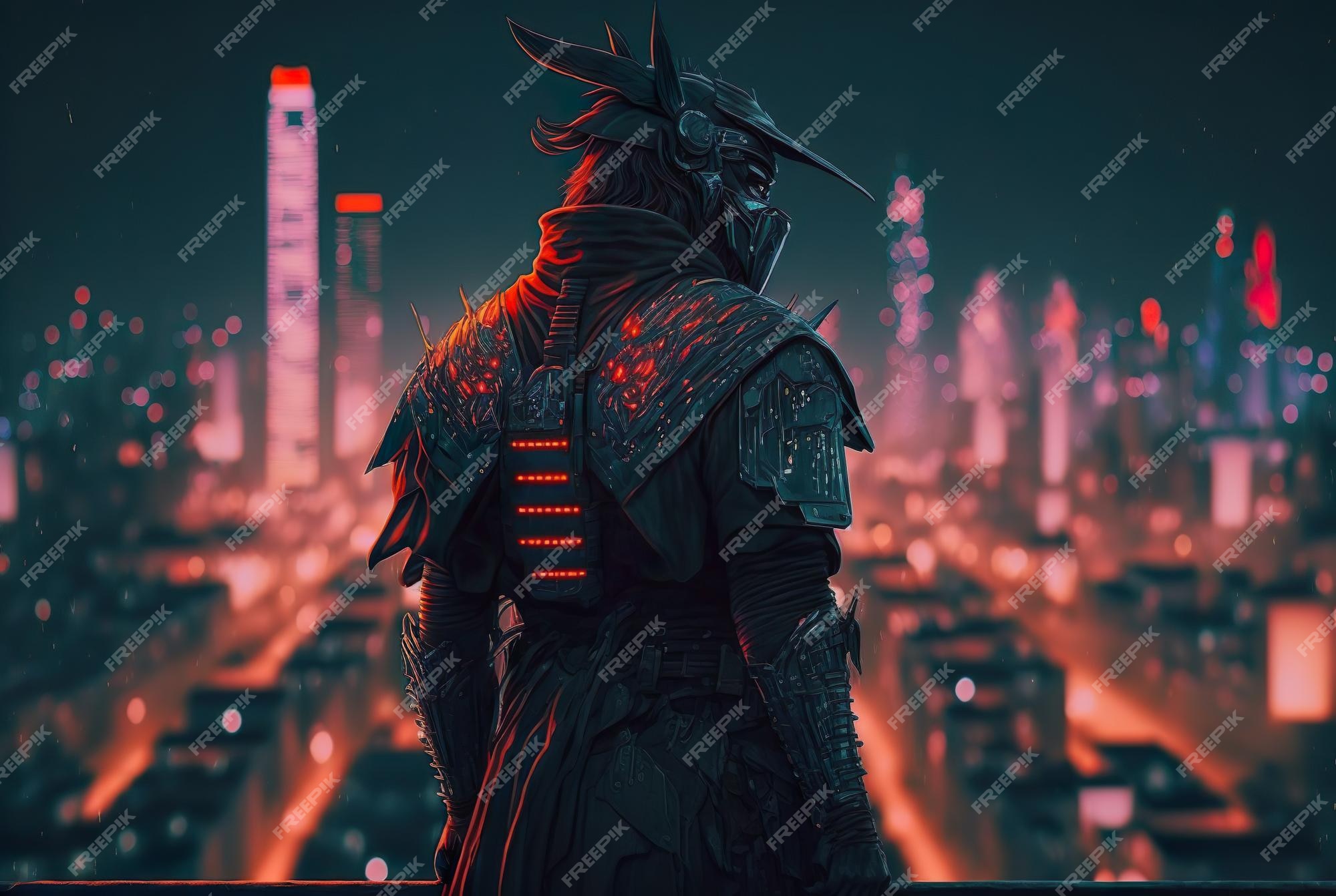 Samurai overlooking a neon-lit cyberpunk city