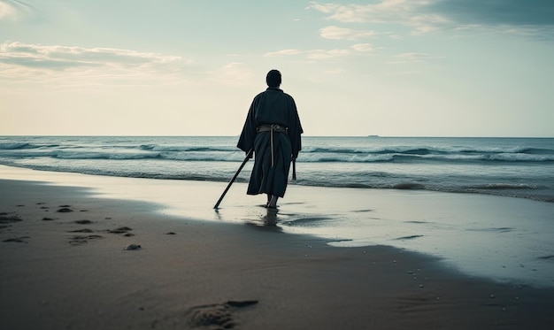 Samurai stands alone in the midst of beach Creating using generative AI tools