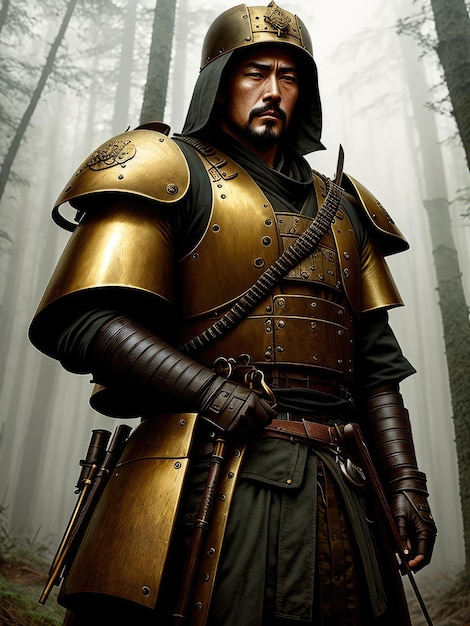 A samurai stands in a forest with a sword on his chest.