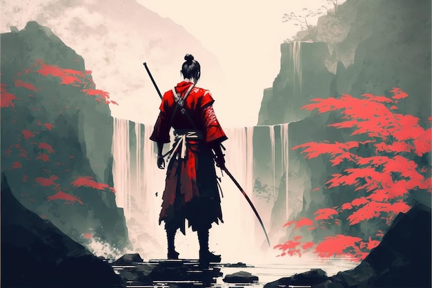 Samurai stands near waterfall Samurai standing in waterfall garden with swords on the ground Digital art style illustration painting