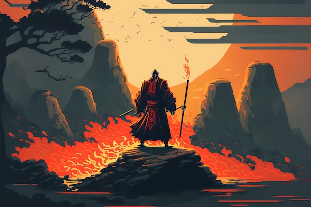 A samurai stands on a rock