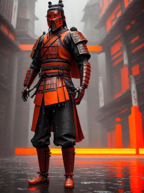 A samurai stands in the temple with a orange on his helmet