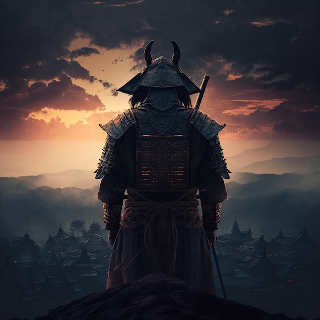 A samurai stands on top of a mountain and looks down on the city against the sunset