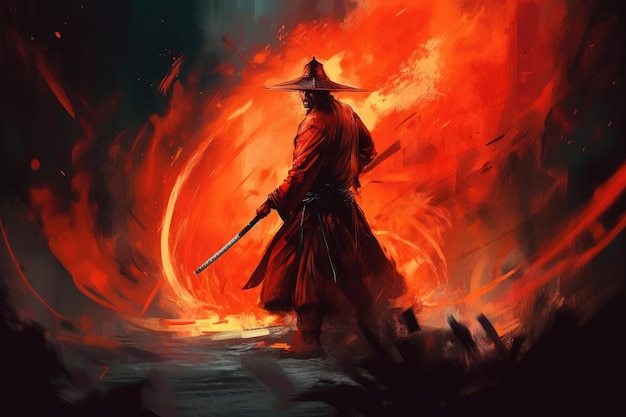 Samurai swings his katana creating a ring of hissing fire around him a martial arts master illustration painting