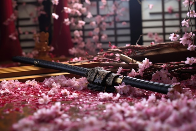 Samurai sword resting on a pile of cherry blossom petals created with generative ai